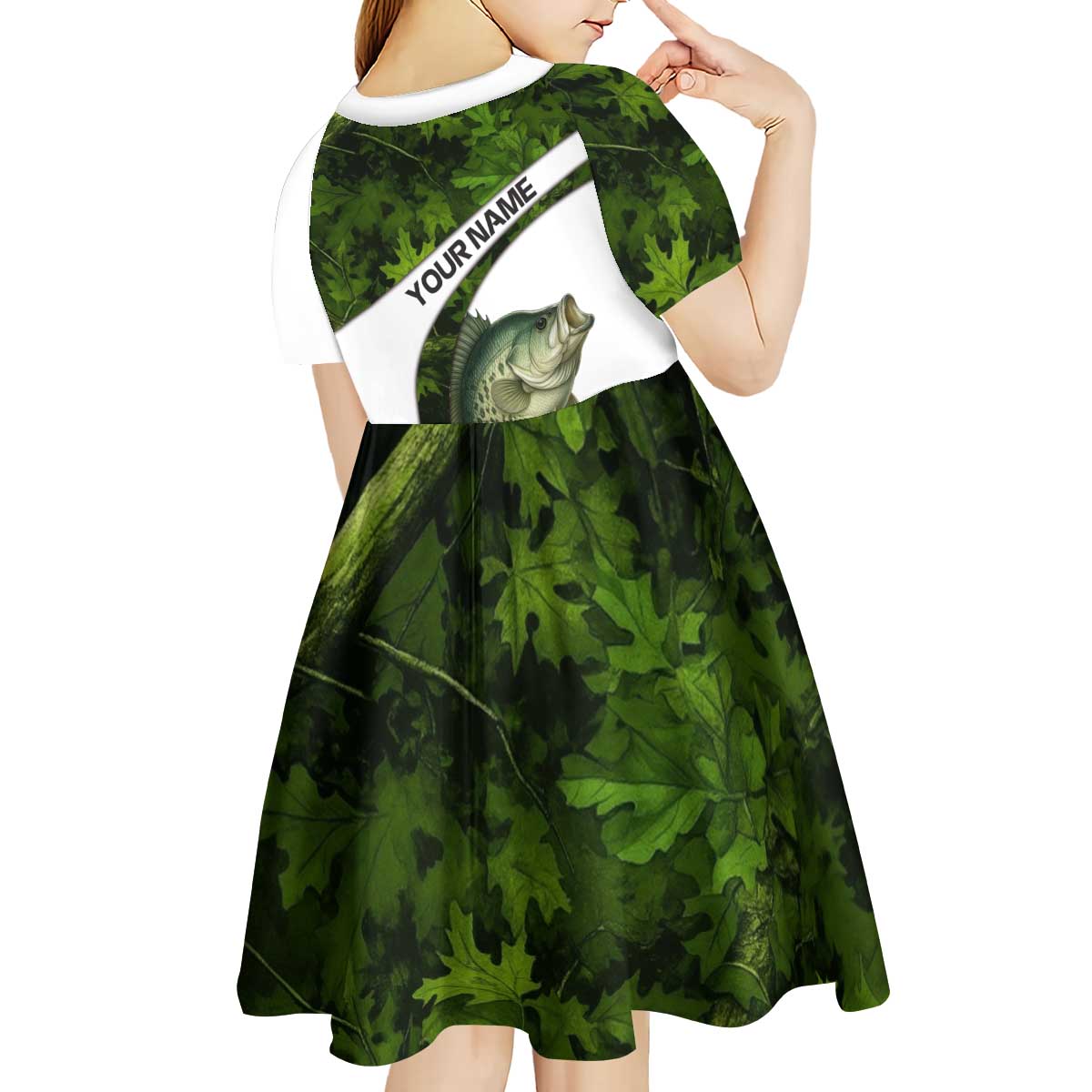 Crappie Fishing Green Camo Kid Short Sleeve Dress with Leaf Camouflage and Custom Name Design - Wonder Print Shop