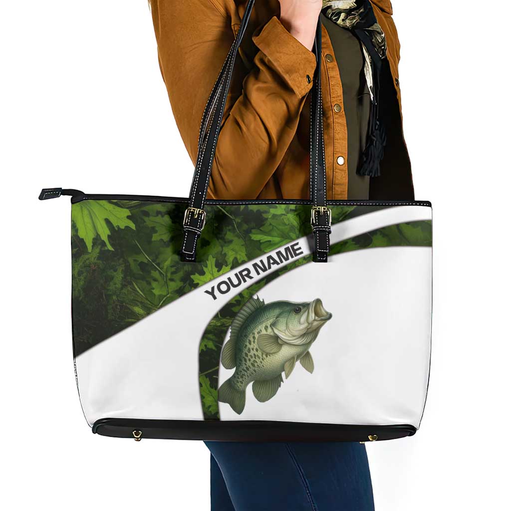 Crappie Fishing Green Camo Leather Tote Bag with Leaf Camouflage and Custom Name Design - Wonder Print Shop