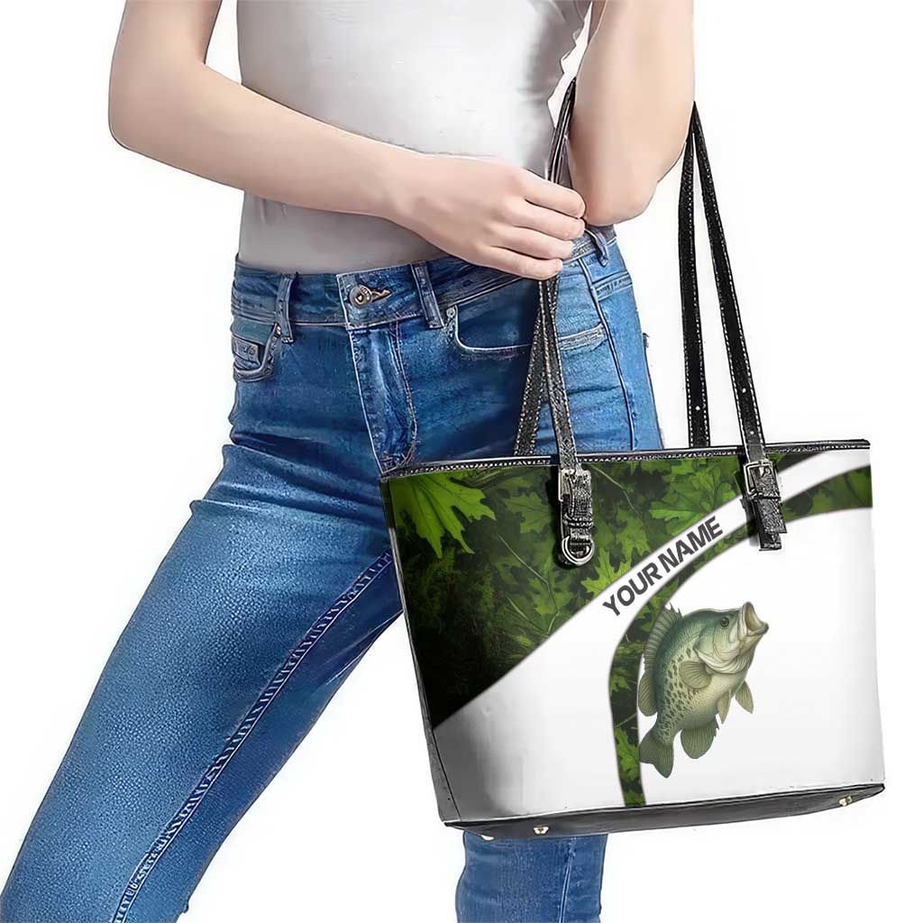 Crappie Fishing Green Camo Leather Tote Bag with Leaf Camouflage and Custom Name Design - Wonder Print Shop