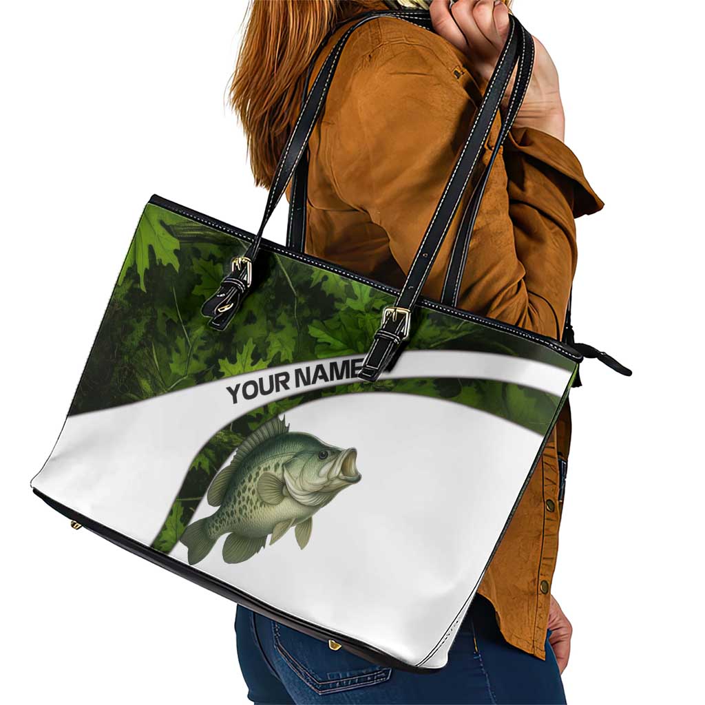 Crappie Fishing Green Camo Leather Tote Bag with Leaf Camouflage and Custom Name Design - Wonder Print Shop