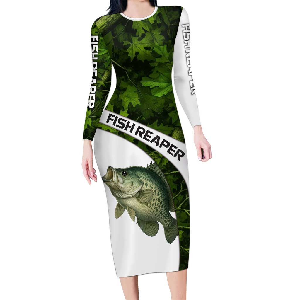 Crappie Fishing Green Camo Long Sleeve Bodycon Dress with Leaf Camouflage and Custom Name Design - Wonder Print Shop