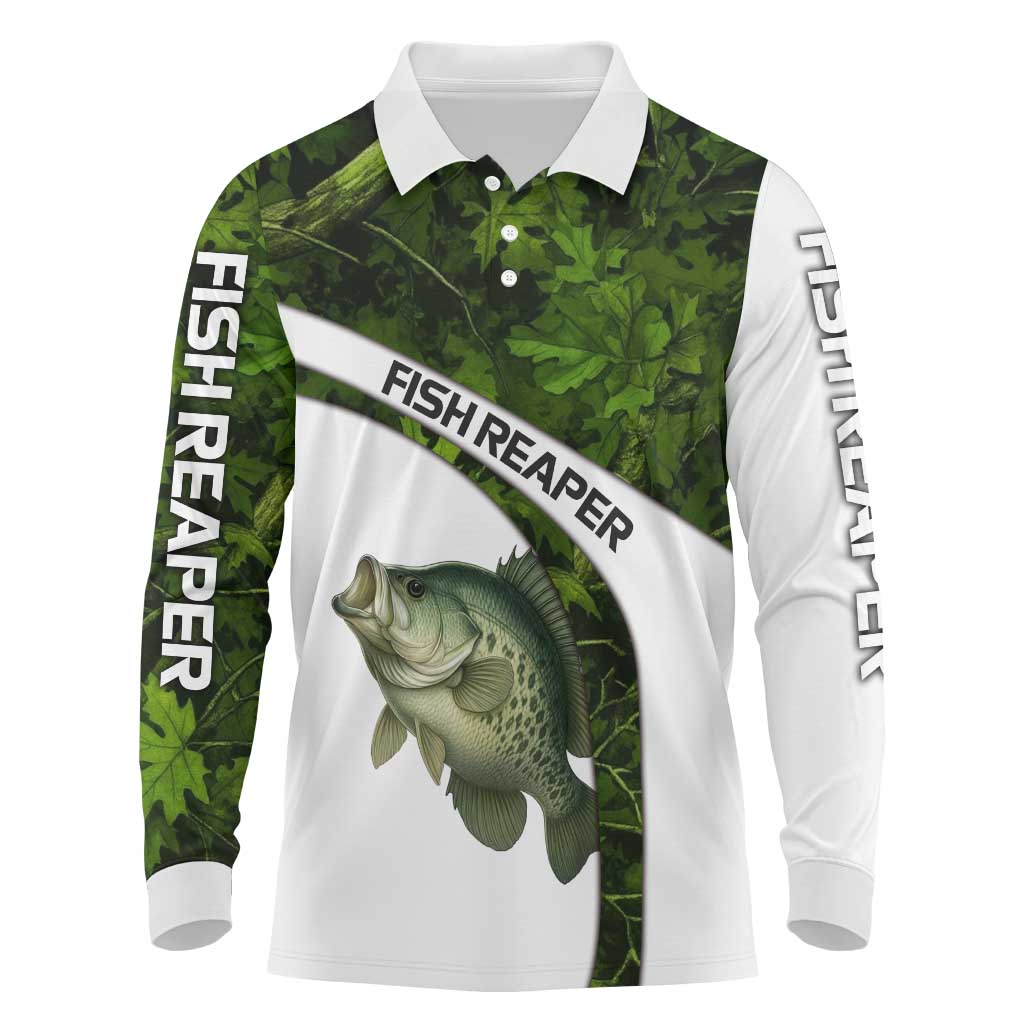 Crappie Fishing Green Camo Long Sleeve Polo Shirt with Leaf Camouflage and Custom Name Design - Wonder Print Shop