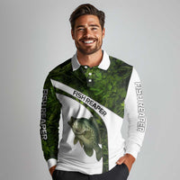 Crappie Fishing Green Camo Long Sleeve Polo Shirt with Leaf Camouflage and Custom Name Design - Wonder Print Shop