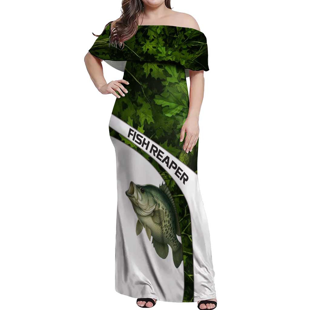 Crappie Fishing Green Camo Off Shoulder Maxi Dress with Leaf Camouflage and Custom Name Design - Wonder Print Shop
