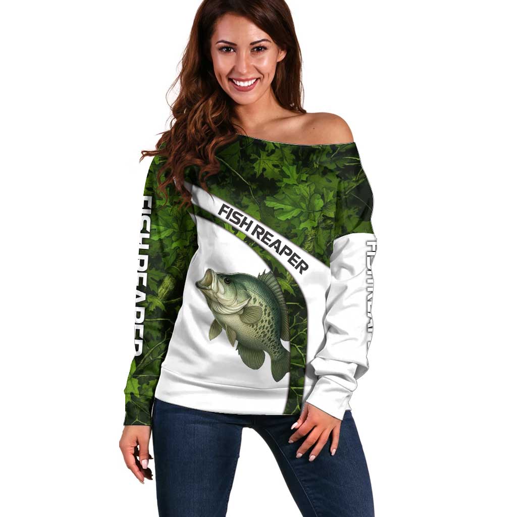 Crappie Fishing Green Camo Off Shoulder Sweater with Leaf Camouflage and Custom Name Design - Wonder Print Shop
