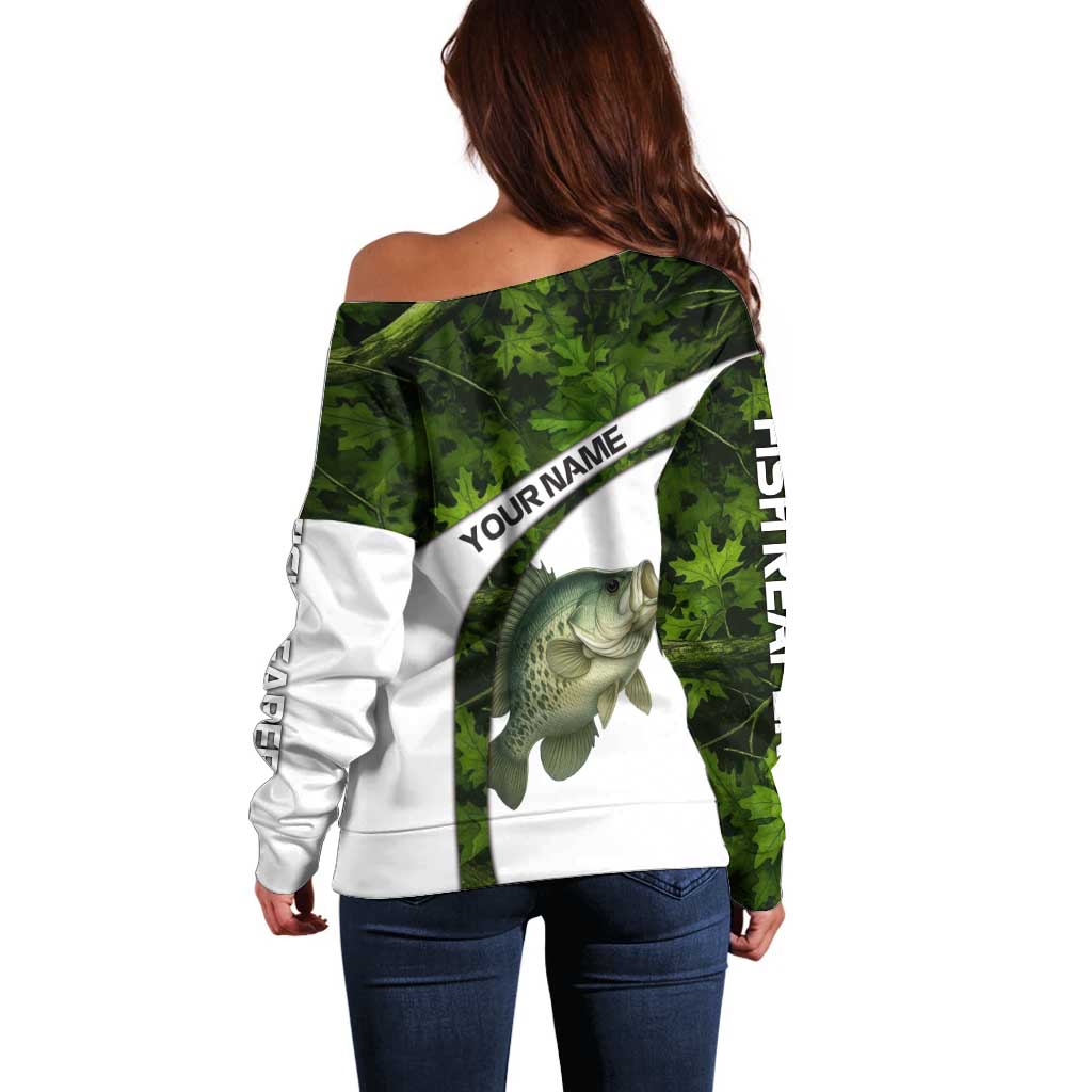 Crappie Fishing Green Camo Off Shoulder Sweater with Leaf Camouflage and Custom Name Design - Wonder Print Shop
