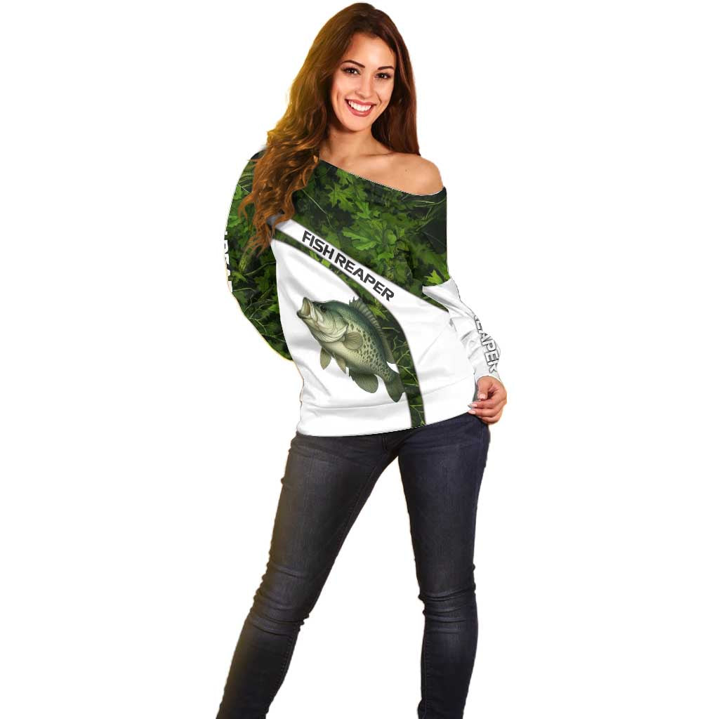 Crappie Fishing Green Camo Off Shoulder Sweater with Leaf Camouflage and Custom Name Design - Wonder Print Shop