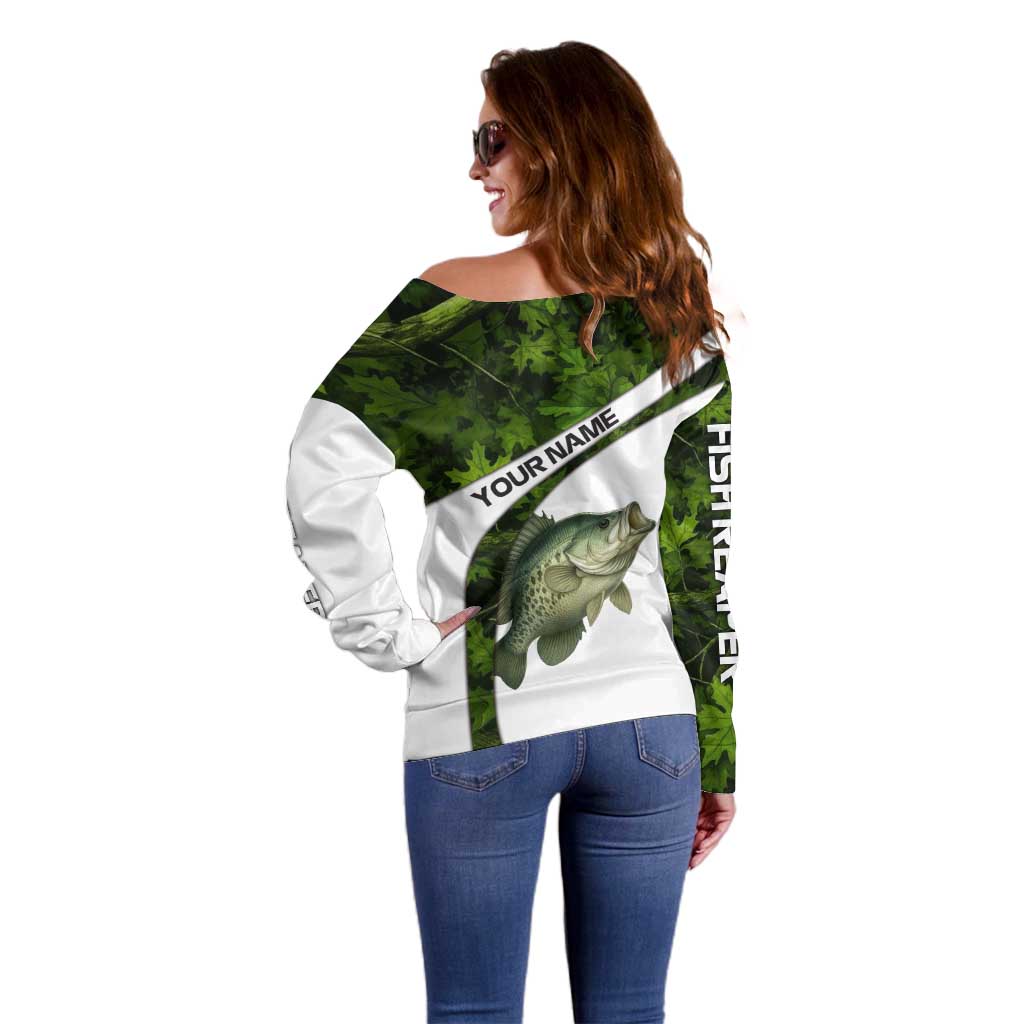 Crappie Fishing Green Camo Off Shoulder Sweater with Leaf Camouflage and Custom Name Design - Wonder Print Shop