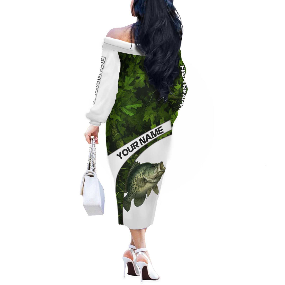 Crappie Fishing Green Camo Off The Shoulder Long Sleeve Dress with Leaf Camouflage and Custom Name Design - Wonder Print Shop