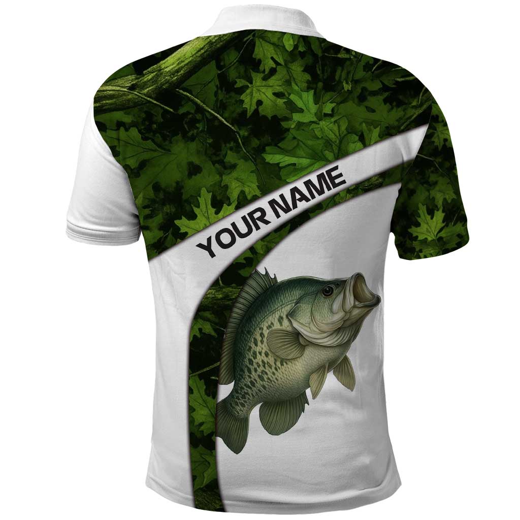 Crappie Fishing Green Camo Polo Shirt with Leaf Camouflage and Custom Name Design - Wonder Print Shop