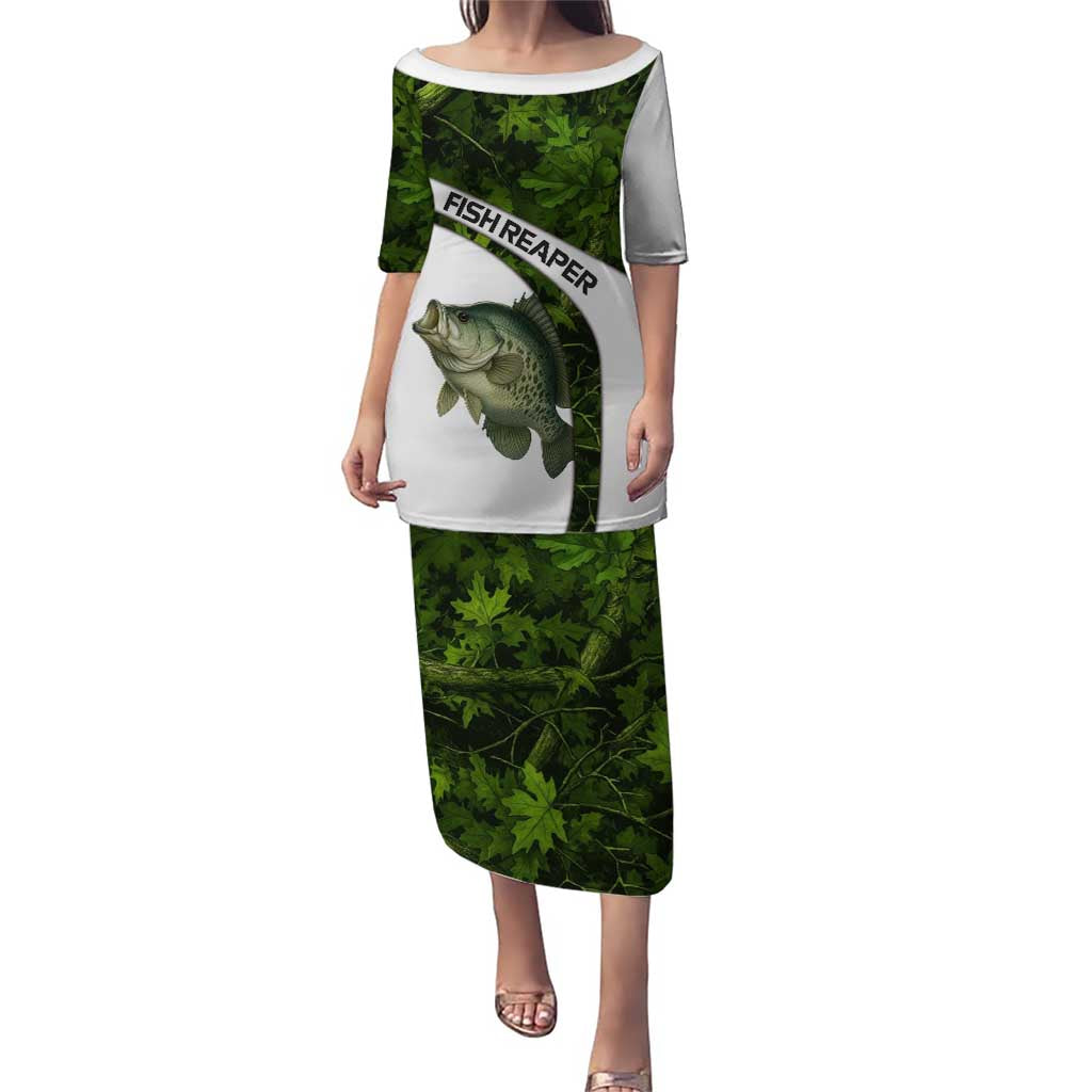 Crappie Fishing Green Camo Puletasi with Leaf Camouflage and Custom Name Design - Wonder Print Shop