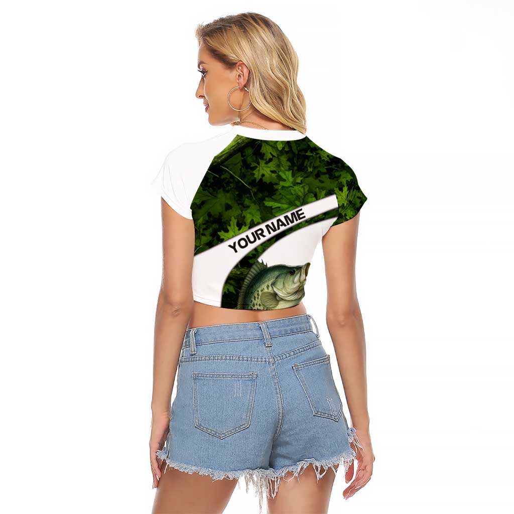 Crappie Fishing Green Camo Raglan Cropped T Shirt with Leaf Camouflage and Custom Name Design - Wonder Print Shop