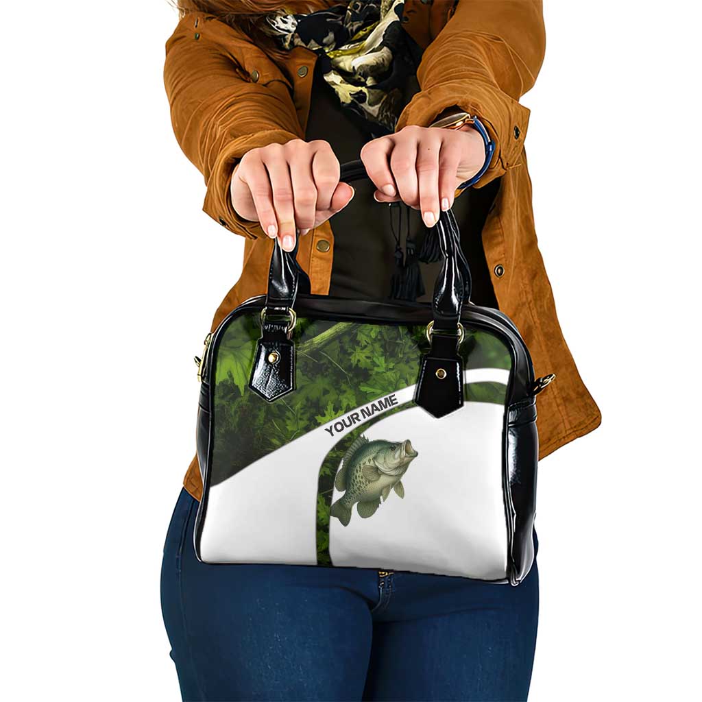 Crappie Fishing Green Camo Shoulder Handbag with Leaf Camouflage and Custom Name Design - Wonder Print Shop