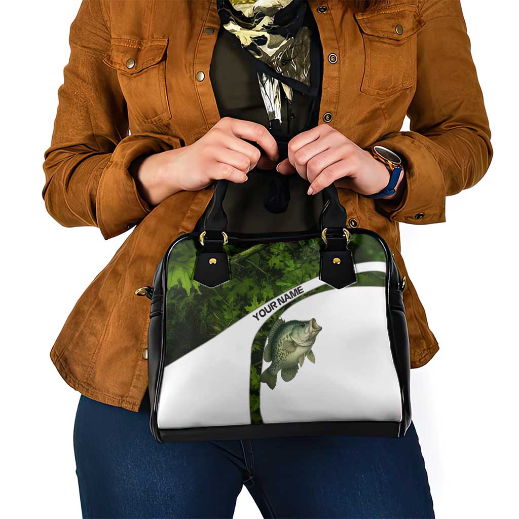 Crappie Fishing Green Camo Shoulder Handbag with Leaf Camouflage and Custom Name Design - Wonder Print Shop