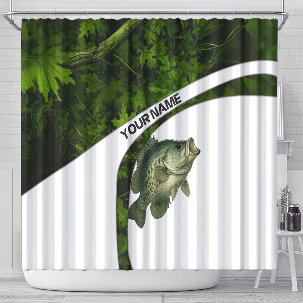 Crappie Fishing Green Camo Shower Curtain with Leaf Camouflage and Custom Name Design - Wonder Print Shop