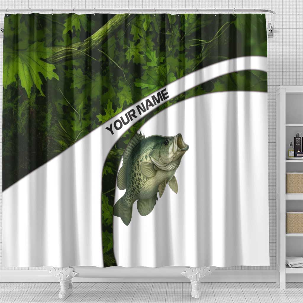 Crappie Fishing Green Camo Shower Curtain with Leaf Camouflage and Custom Name Design - Wonder Print Shop