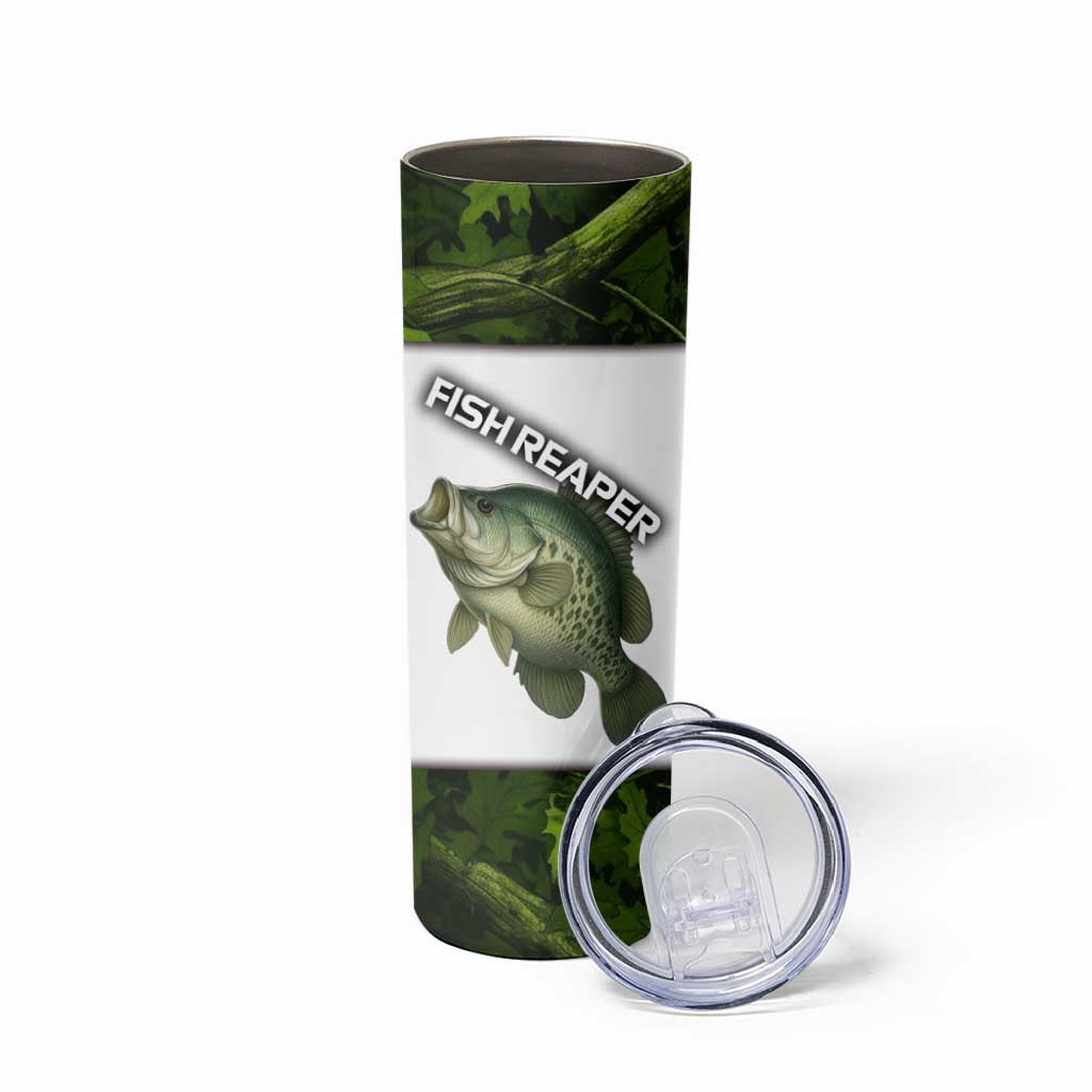 Crappie Fishing Green Camo Skinny Tumbler with Leaf Camouflage and Custom Name Design - Wonder Print Shop