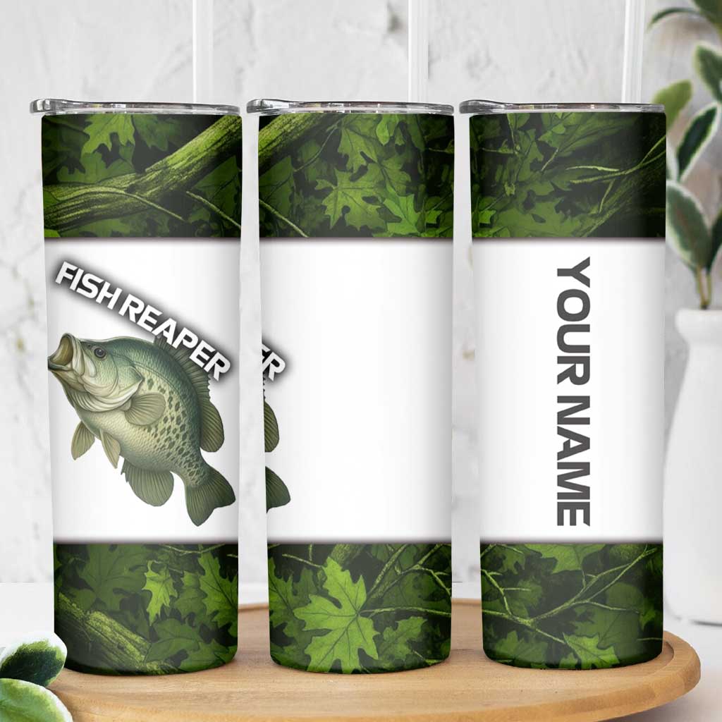 Crappie Fishing Green Camo Skinny Tumbler with Leaf Camouflage and Custom Name Design - Wonder Print Shop