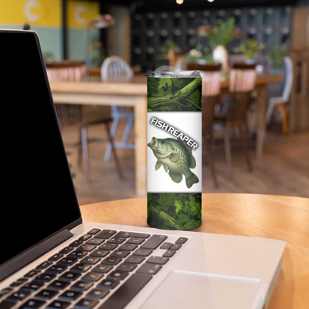 Crappie Fishing Green Camo Skinny Tumbler with Leaf Camouflage and Custom Name Design - Wonder Print Shop
