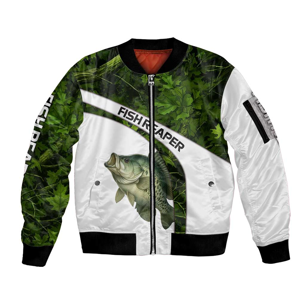 Crappie Fishing Green Camo Sleeve Zip Bomber Jacket with Leaf Camouflage and Custom Name Design - Wonder Print Shop