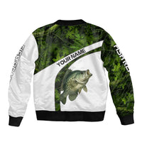 Crappie Fishing Green Camo Sleeve Zip Bomber Jacket with Leaf Camouflage and Custom Name Design - Wonder Print Shop
