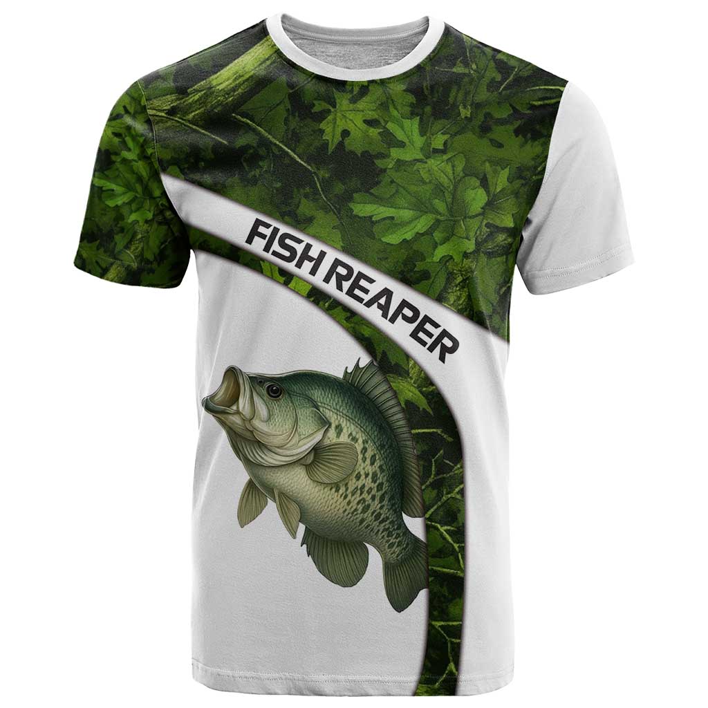 Crappie Fishing Green Camo T Shirt with Leaf Camouflage and Custom Name Design - Wonder Print Shop