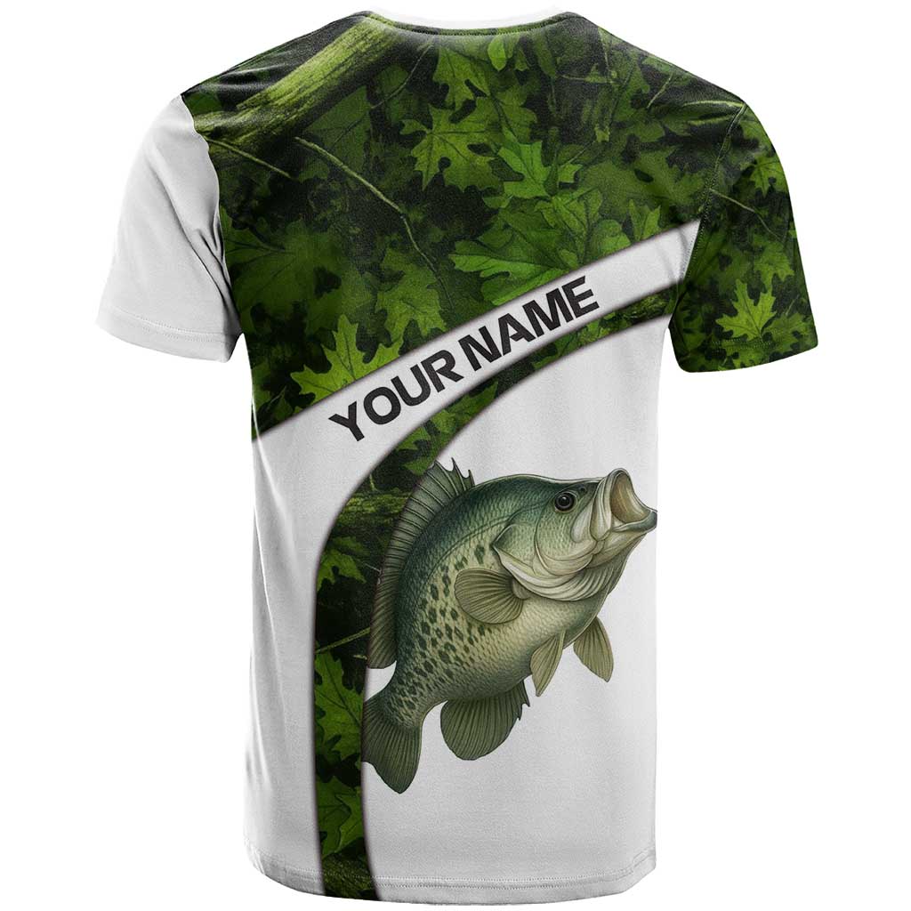 Crappie Fishing Green Camo T Shirt with Leaf Camouflage and Custom Name Design - Wonder Print Shop