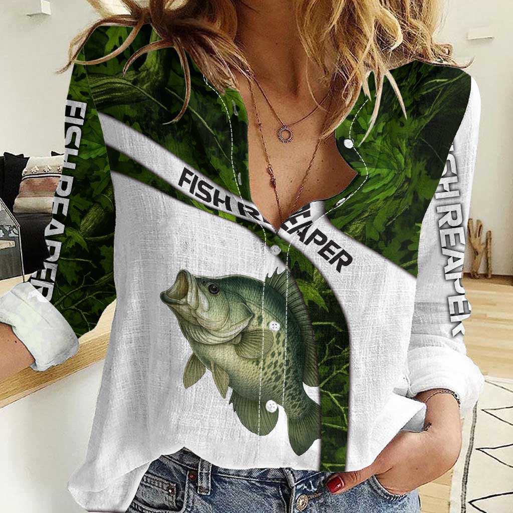 Crappie Fishing Green Camo Women Casual Shirt with Leaf Camouflage and Custom Name Design - Wonder Print Shop