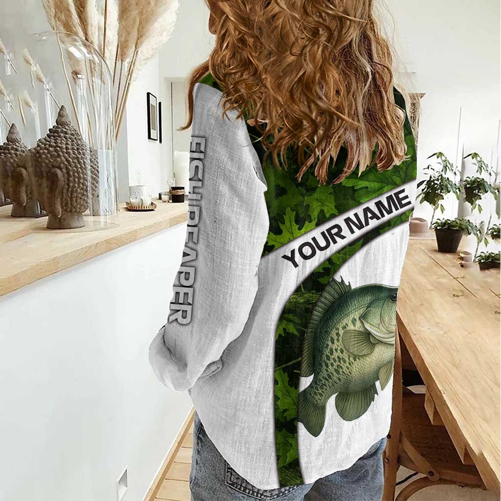 Crappie Fishing Green Camo Women Casual Shirt with Leaf Camouflage and Custom Name Design - Wonder Print Shop