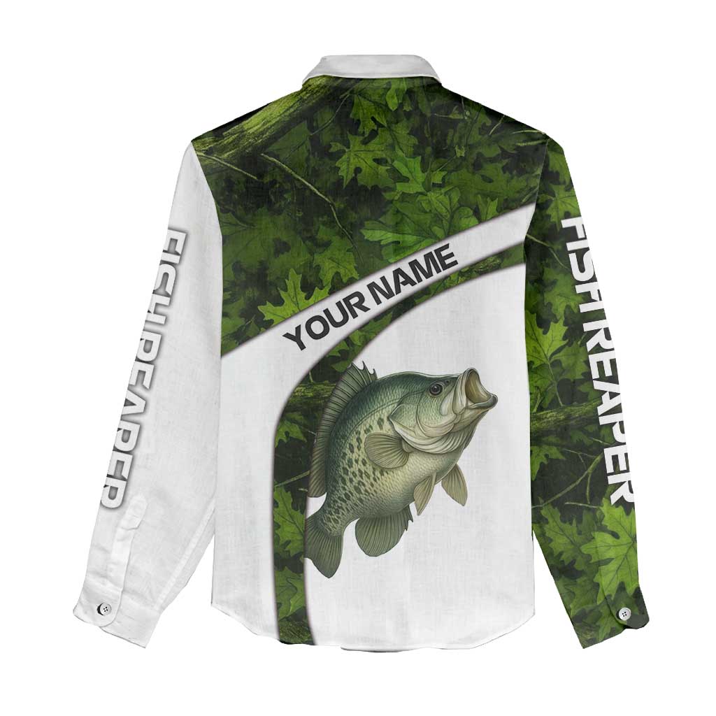Crappie Fishing Green Camo Women Casual Shirt with Leaf Camouflage and Custom Name Design - Wonder Print Shop