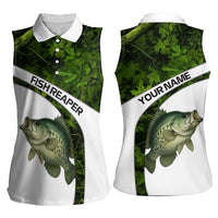 Crappie Fishing Green Camo Women Sleeveless Polo Shirt with Leaf Camouflage and Custom Name Design - Wonder Print Shop