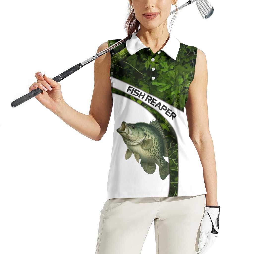 Crappie Fishing Green Camo Women Sleeveless Polo Shirt with Leaf Camouflage and Custom Name Design - Wonder Print Shop