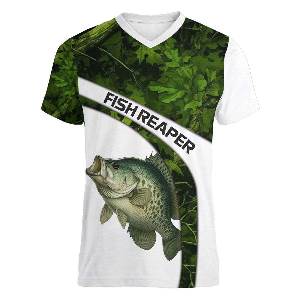 Crappie Fishing Green Camo Women V-Neck T-Shirt with Leaf Camouflage and Custom Name Design - Wonder Print Shop