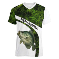 Crappie Fishing Green Camo Women V-Neck T-Shirt with Leaf Camouflage and Custom Name Design - Wonder Print Shop