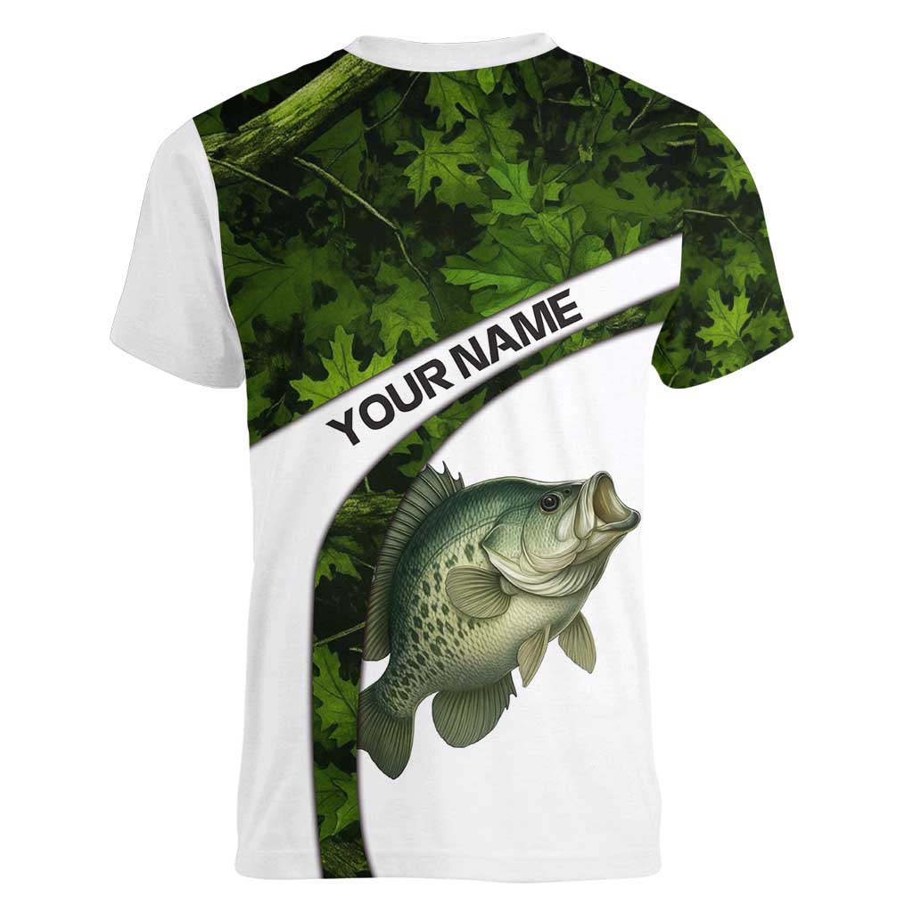Crappie Fishing Green Camo Women V-Neck T-Shirt with Leaf Camouflage and Custom Name Design - Wonder Print Shop
