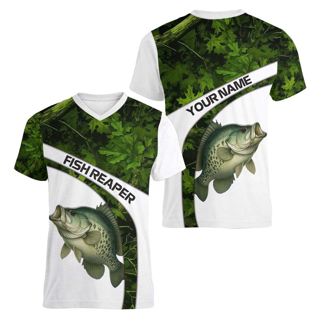Crappie Fishing Green Camo Women V-Neck T-Shirt with Leaf Camouflage and Custom Name Design - Wonder Print Shop