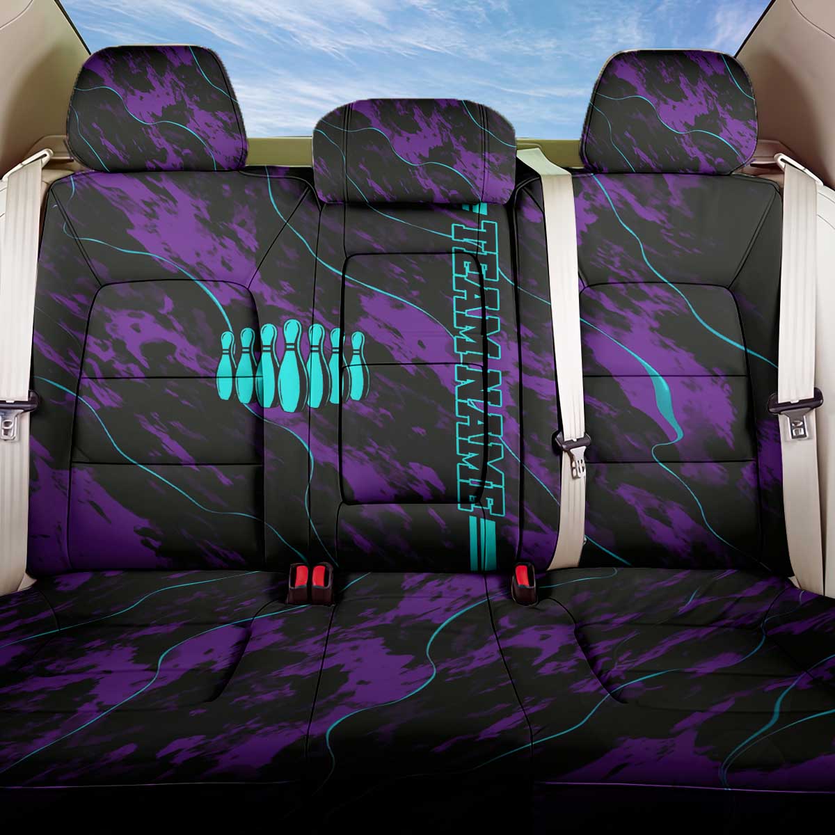Strike Bowling Graphic Back Car Seat Cover with Purple Black Marble Texture and Custom Team Name - Wonder Print Shop