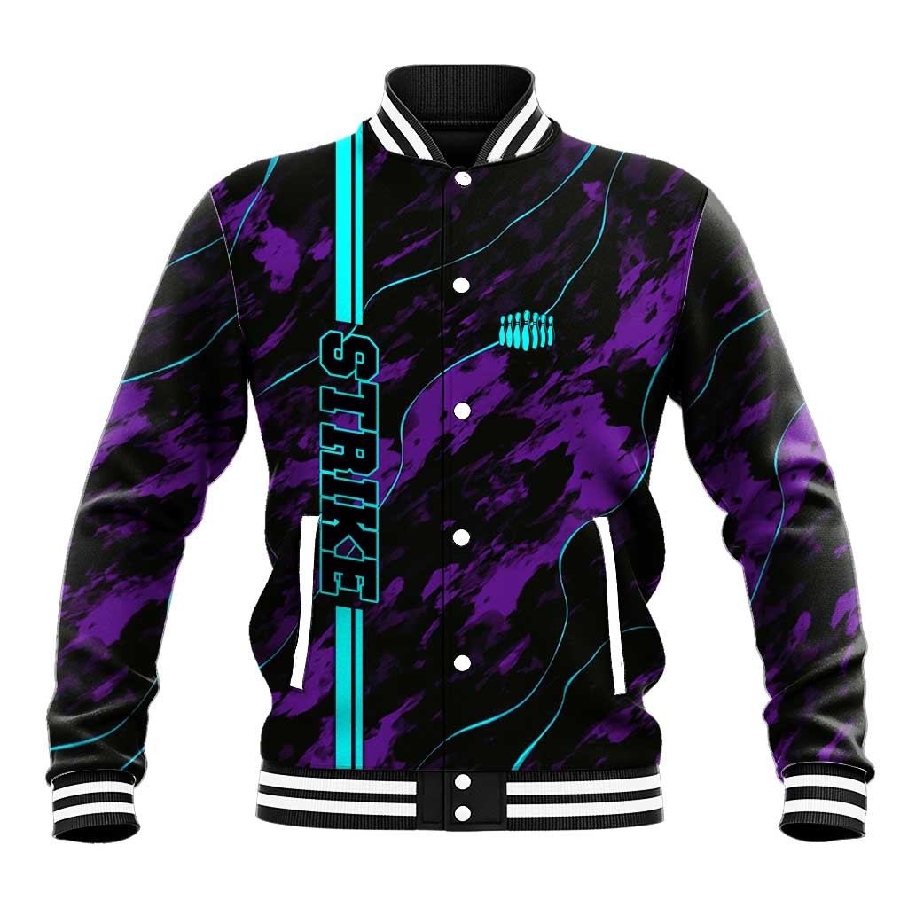 Strike Bowling Graphic Baseball Jacket with Purple Black Marble Texture and Custom Team Name - Wonder Print Shop