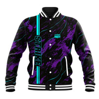 Strike Bowling Graphic Baseball Jacket with Purple Black Marble Texture and Custom Team Name - Wonder Print Shop