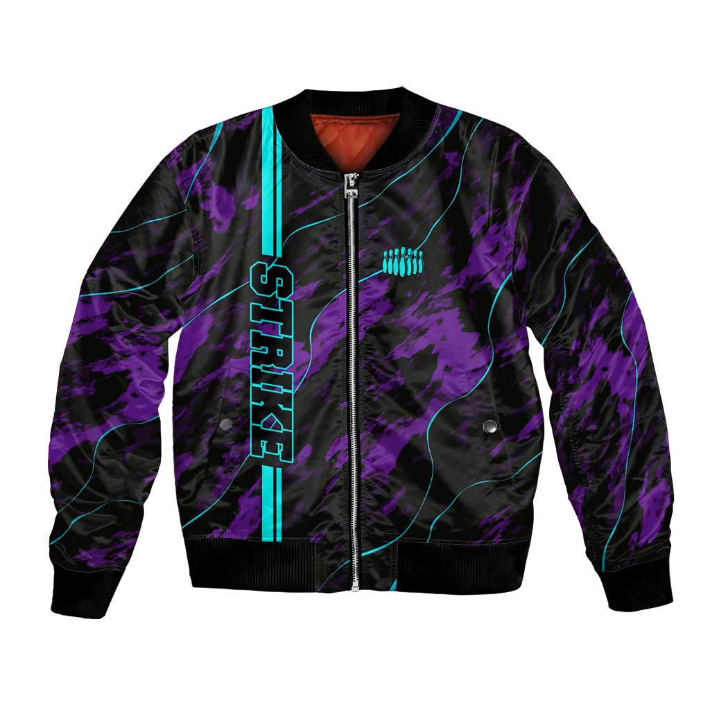Strike Bowling Graphic Bomber Jacket with Purple Black Marble Texture and Custom Team Name - Wonder Print Shop