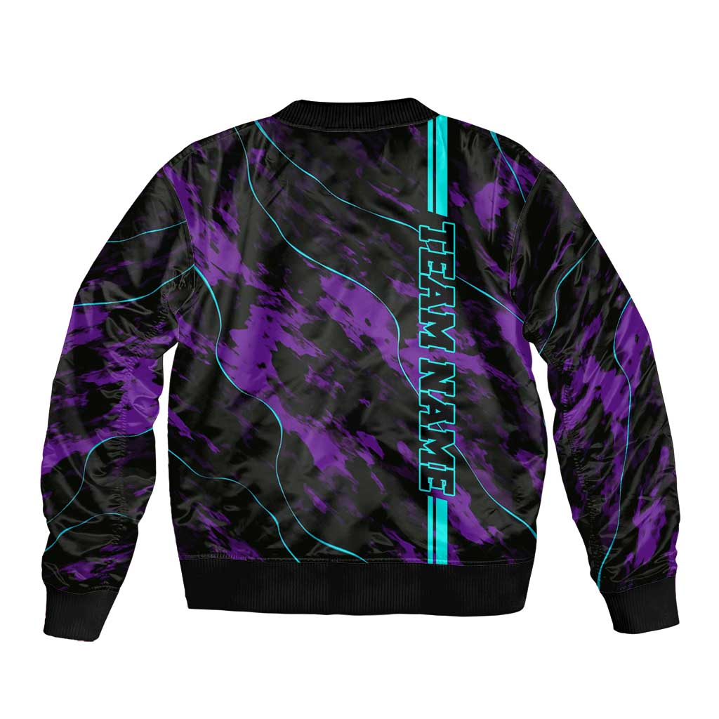 Strike Bowling Graphic Bomber Jacket with Purple Black Marble Texture and Custom Team Name - Wonder Print Shop