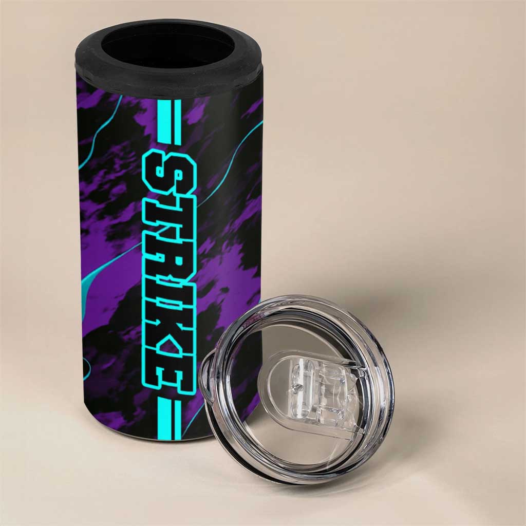 Strike Bowling Graphic 4 in 1 Can Cooler Tumbler with Purple Black Marble Texture and Custom Team Name - Wonder Print Shop