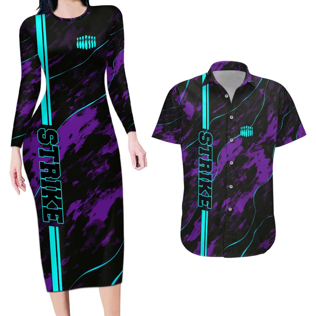 Strike Bowling Graphic Couples Matching Long Sleeve Bodycon Dress and Hawaiian Shirt with Purple Black Marble Texture and Custom Team Name - Wonder Print Shop