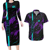 Strike Bowling Graphic Couples Matching Long Sleeve Bodycon Dress and Hawaiian Shirt with Purple Black Marble Texture and Custom Team Name - Wonder Print Shop