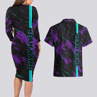 Strike Bowling Graphic Couples Matching Long Sleeve Bodycon Dress and Hawaiian Shirt with Purple Black Marble Texture and Custom Team Name - Wonder Print Shop