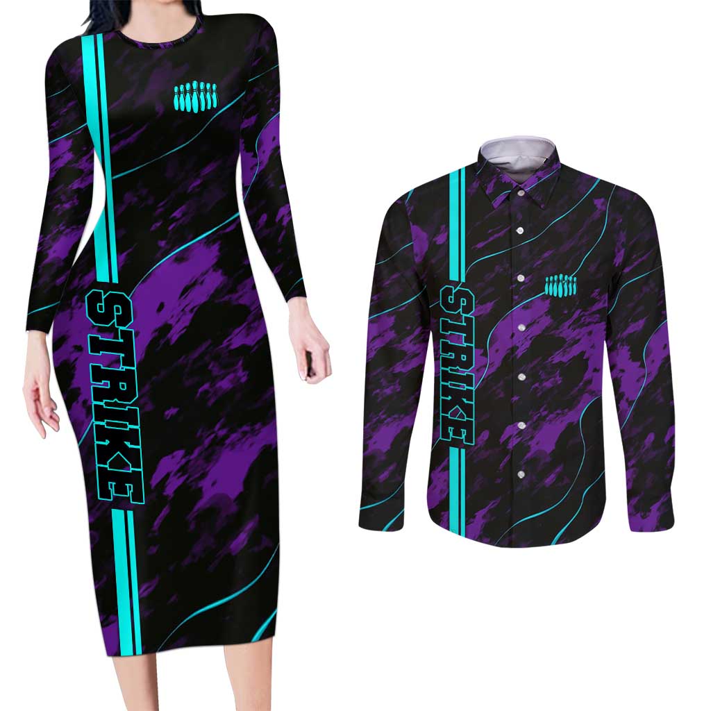 Strike Bowling Graphic Couples Matching Long Sleeve Bodycon Dress and Long Sleeve Button Shirt with Purple Black Marble Texture and Custom Team Name - Wonder Print Shop