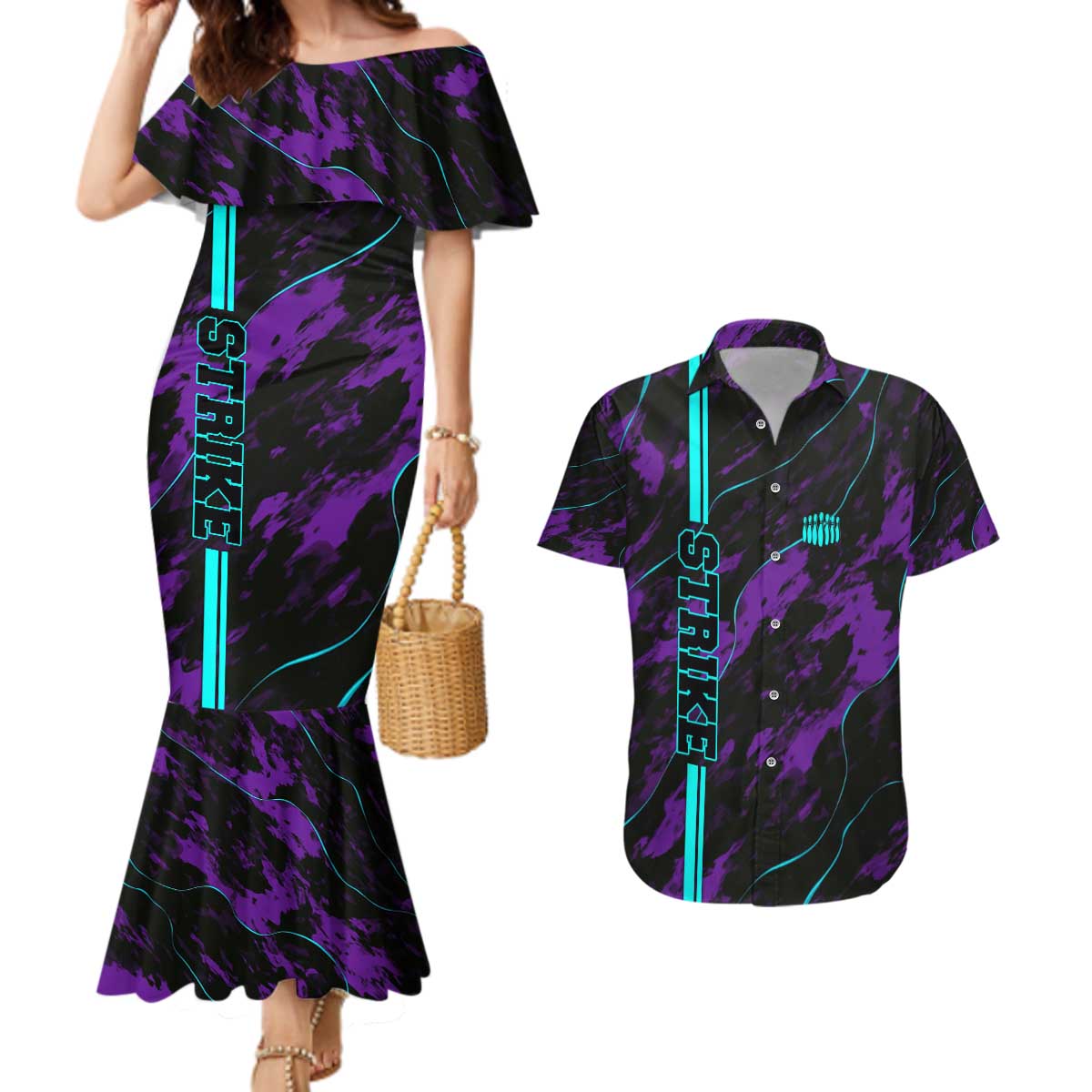 Strike Bowling Graphic Couples Matching Mermaid Dress and Hawaiian Shirt with Purple Black Marble Texture and Custom Team Name - Wonder Print Shop