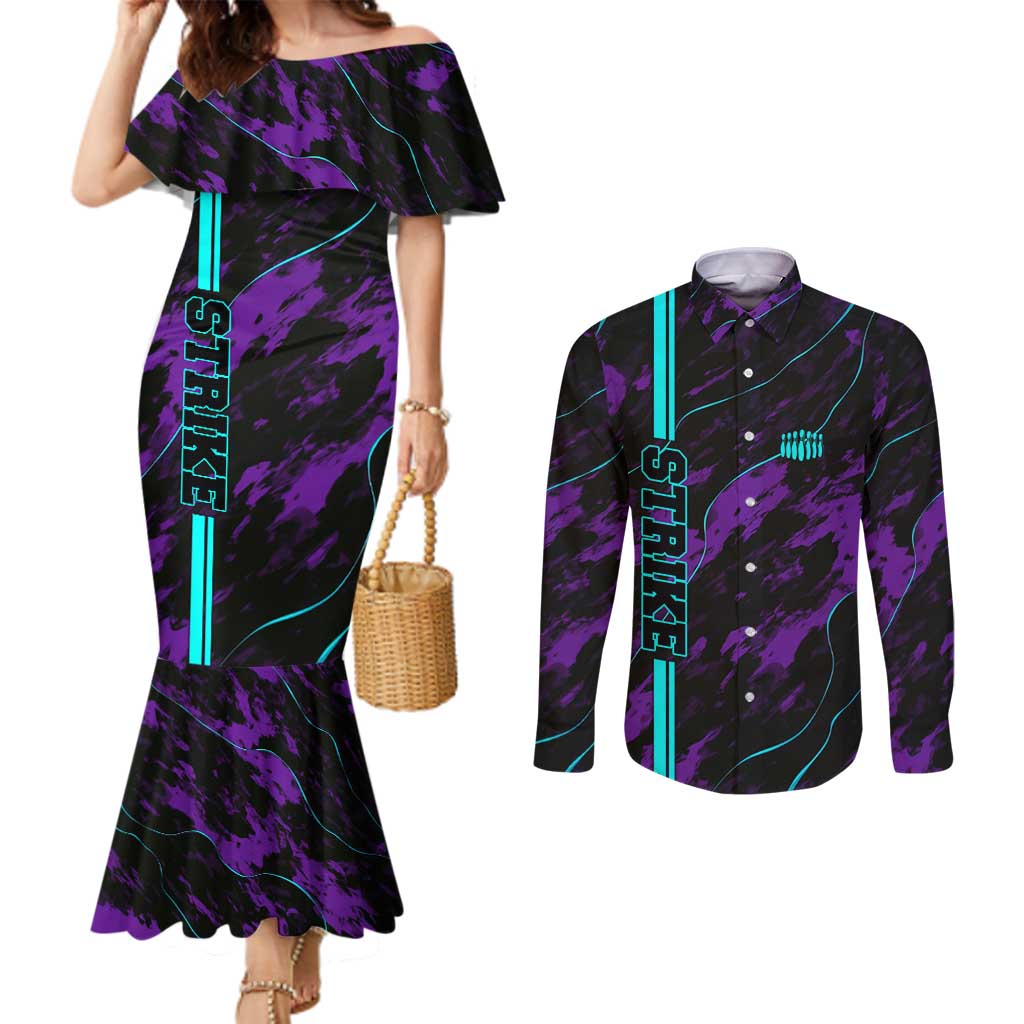 Strike Bowling Graphic Couples Matching Mermaid Dress and Long Sleeve Button Shirt with Purple Black Marble Texture and Custom Team Name - Wonder Print Shop