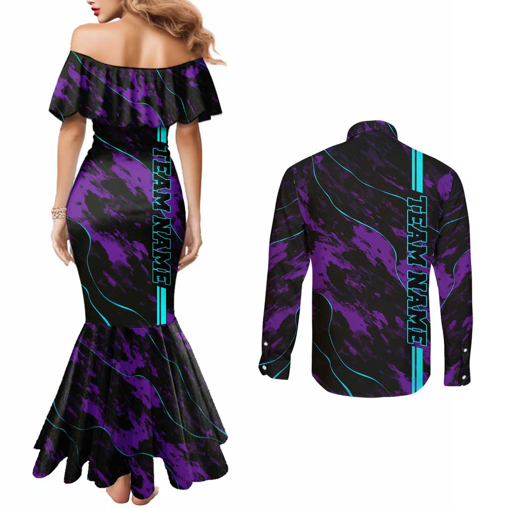 Strike Bowling Graphic Couples Matching Mermaid Dress and Long Sleeve Button Shirt with Purple Black Marble Texture and Custom Team Name - Wonder Print Shop
