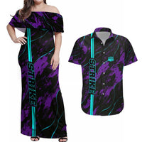 Strike Bowling Graphic Couples Matching Off Shoulder Maxi Dress and Hawaiian Shirt with Purple Black Marble Texture and Custom Team Name - Wonder Print Shop